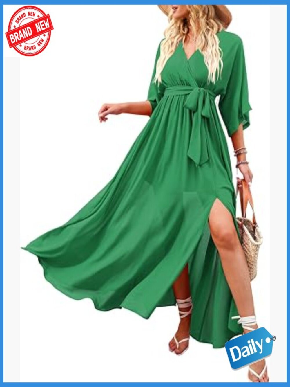 Wrap V Neck Maxi Dress with Slit - Boho Floral 3/4 Sleeve